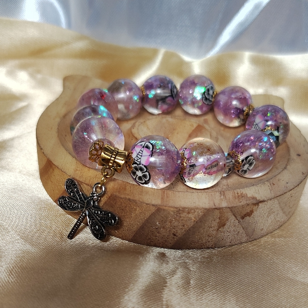 Elegant Purple Beaded Bracelet with Dragonfly Charm Beads Are Homemade.